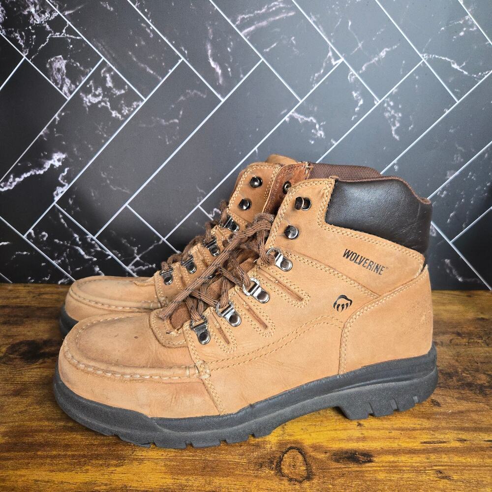 Wolverine men's brown leather work boots, model W04350, size 11M.